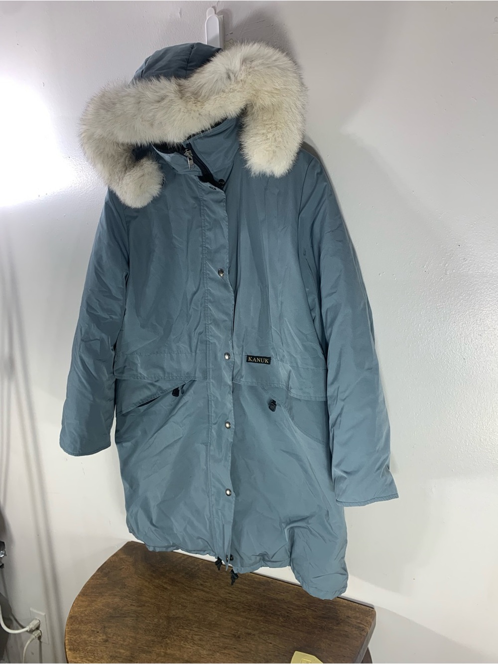 Vintage KANUK Women’s Parka Jacket Genuine White Fox Fur Hood Blue Gray - Picture 2 of 7